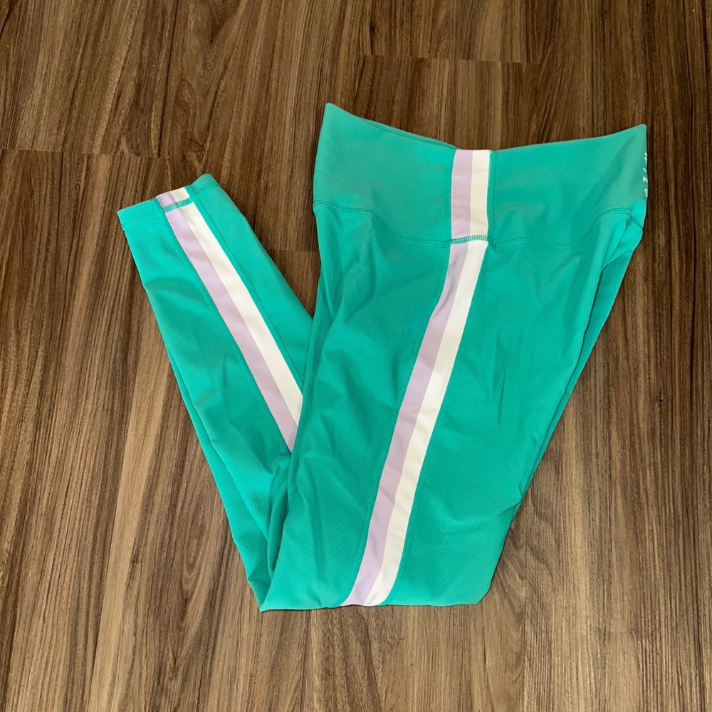 WILO Teal Green Athletic Leggings Women's Size L Colorblock Side Stripe